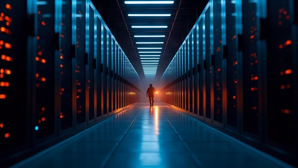Netflix stock analysis 2026: netflix content-delivery data hall: long corridor of black server racks receding into darkness…