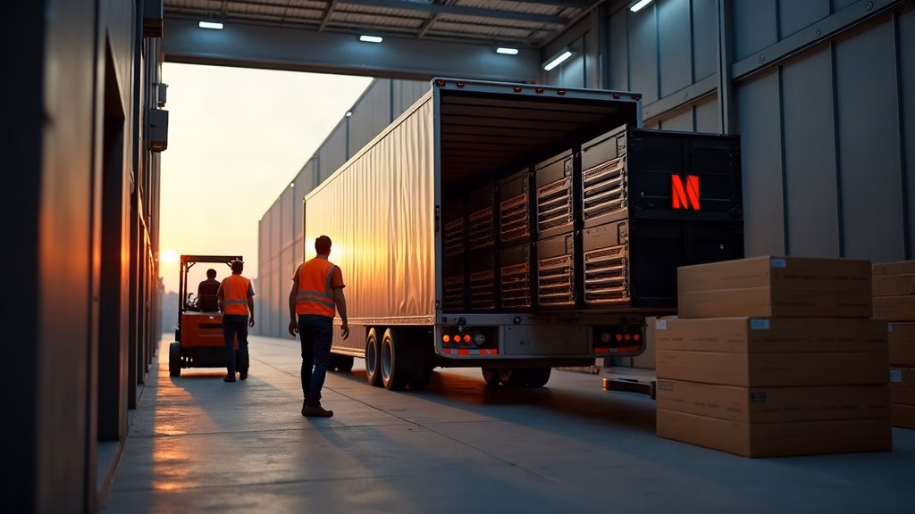 Netflix stock analysis 2026: netflix Open Connect deployment: technicians in safety vests unloading a rack-mounted streaming…