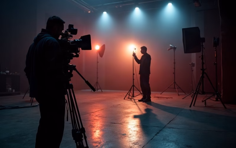 Netflix stock analysis 2026: netflix original series soundstage during a night shoot: heavy cinema camera on a dolly track, boom…