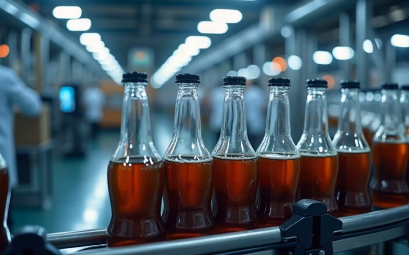 PepsiCo stock analysis: inside a high-speed automated beverage bottling plant, clear plastic bottles filled with dark…
