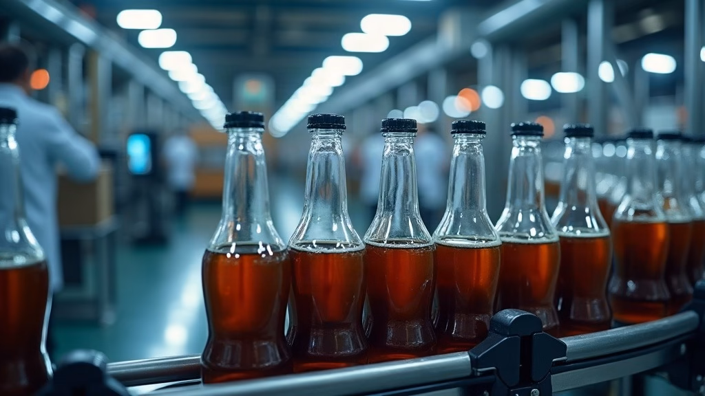 PepsiCo stock analysis: inside a high-speed automated beverage bottling plant, clear plastic bottles filled with dark…