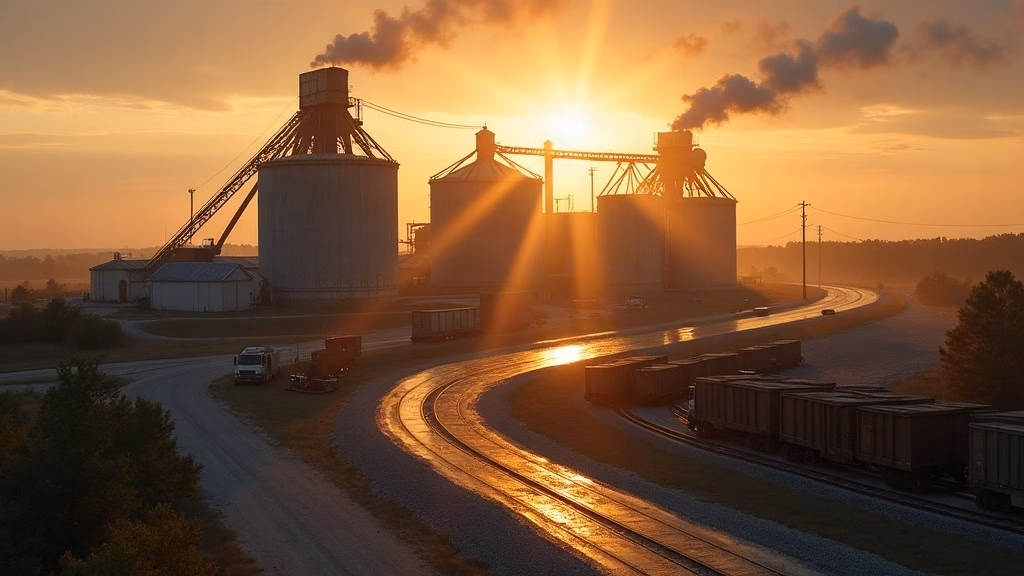 PepsiCo stock analysis: at dawn, a sprawling oat milling complex beside a Midwest river, concrete silos and rail sidings…