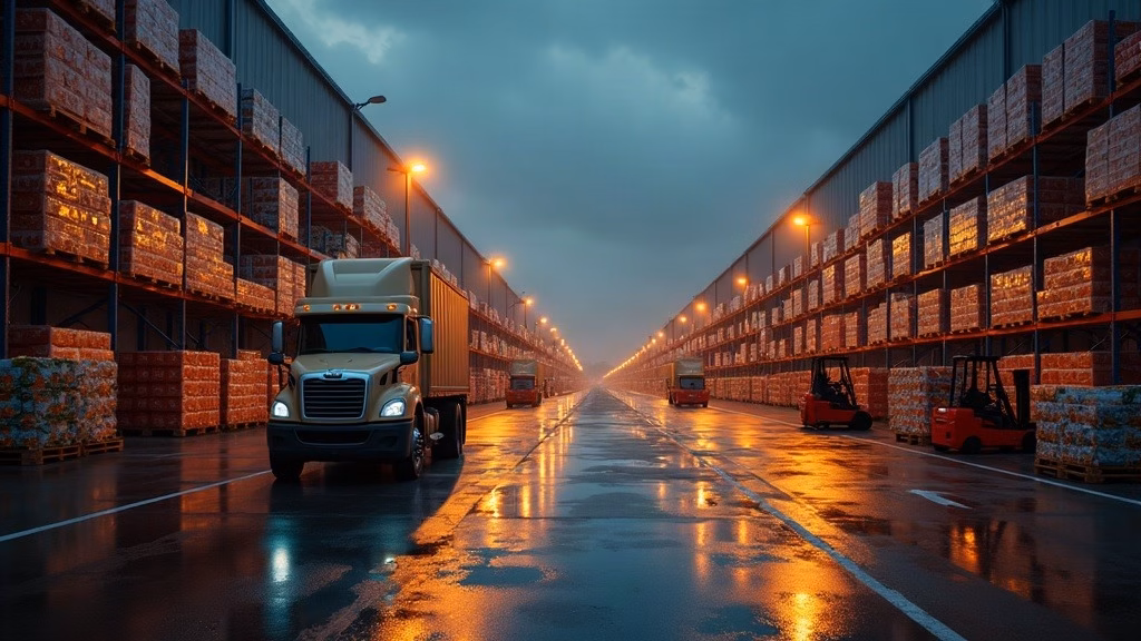 PepsiCo stock analysis: dusk at a vast food-and-beverage distribution center: long-haul trucks queue at open loading bays…