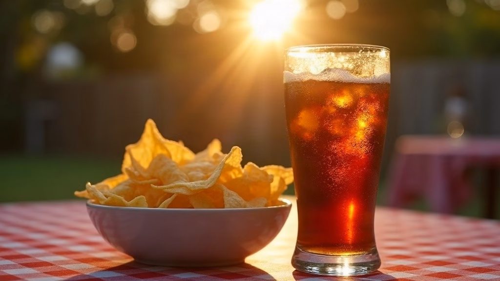 PepsiCo stock analysis: close-up of a condensation-beaded glass of dark soda beside a bowl of golden potato chips on a…