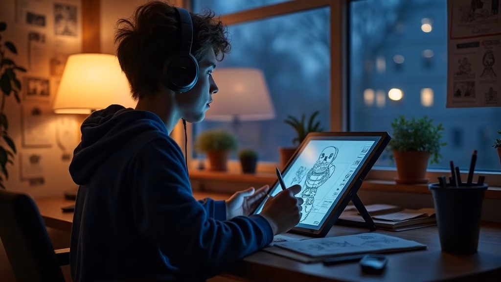 Roblox stock analysis 2026: at a cluttered home desk before dawn, an anonymous young game developer in headphones sculpts a…