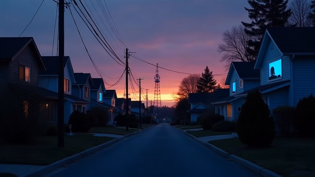 Roblox stock analysis 2026: suburban cul-de-sac at dusk, warm bedroom windows glowing blue from screens, broadband cables…