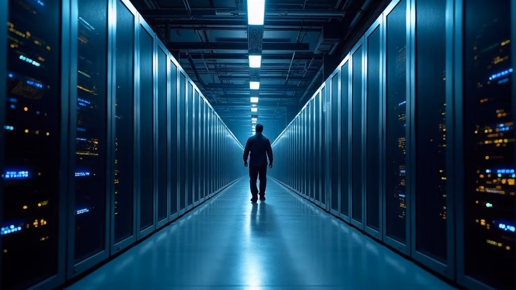Roblox stock analysis 2026: long cold aisle of a hyperscale data center, tall server racks receding in perspective, blue and…