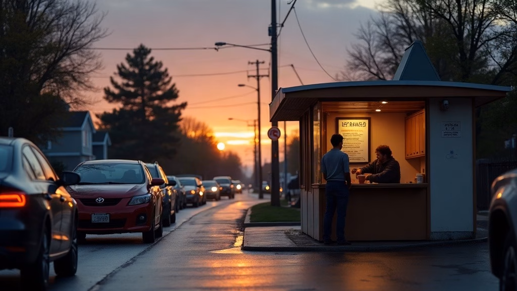 Starbucks stock analysis 2026: suburban drive-through coffee kiosk at dawn, queue of cars idling beside a compact cafe building…