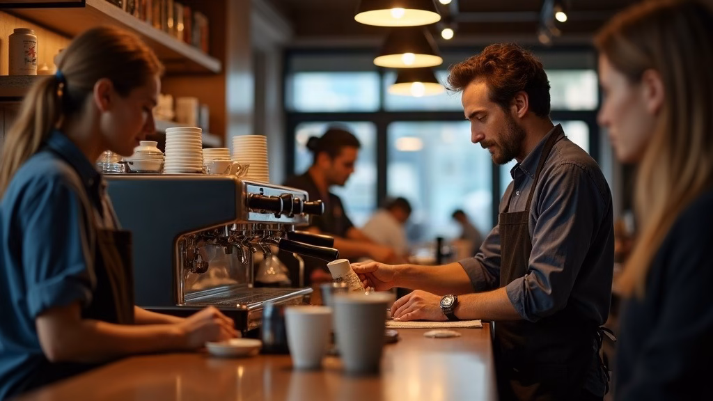 Starbucks stock analysis 2026: busy coffeehouse service counter at morning rush, anonymous barista in dark apron steaming milk at…
