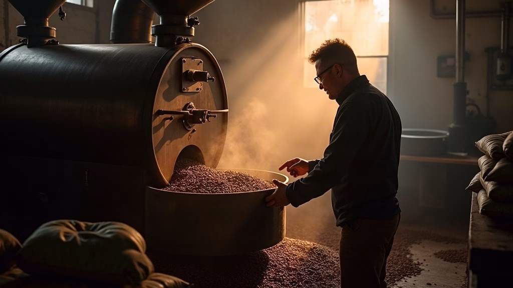 Starbucks stock analysis 2026: coffee roasting facility interior, anonymous worker in safety glasses inspecting dark roasted beans…