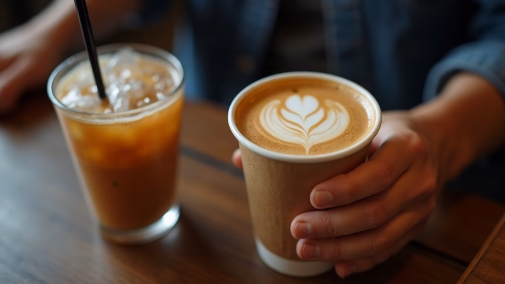 Starbucks stock analysis 2026: close-up of hands holding a paper cup of latte with leaf-shaped foam art on a cafe counter…