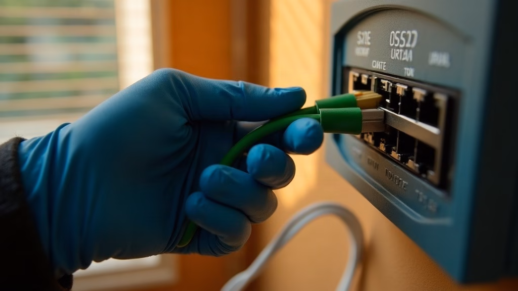 AT&T stock analysis: close-up of a technician's gloved hands seating a green fiber connector into a wall-mounted optical…