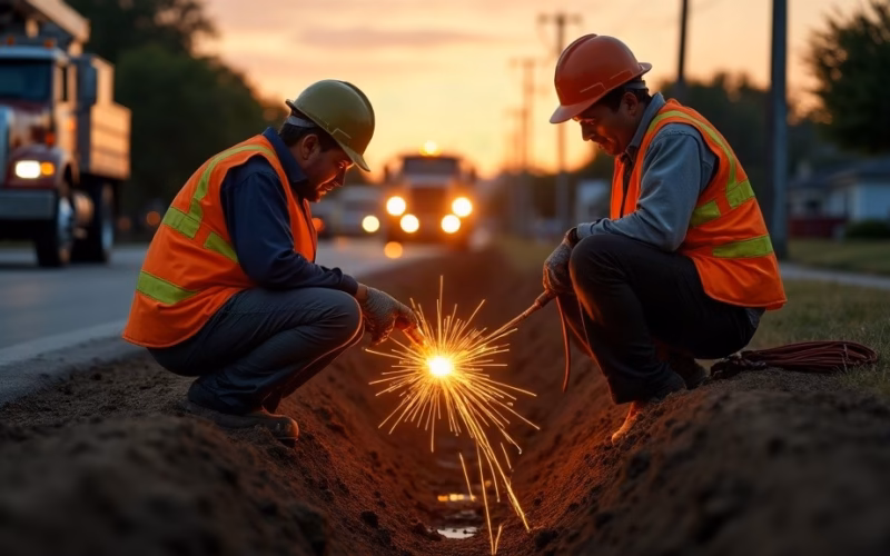 AT&T stock analysis: two anonymous linemen in reflective vests crouch in an open utility trench along a suburban Texas…