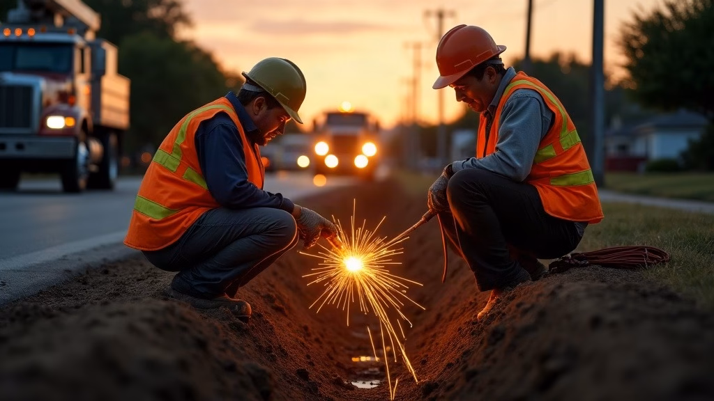 AT&T stock analysis: two anonymous linemen in reflective vests crouch in an open utility trench along a suburban Texas…