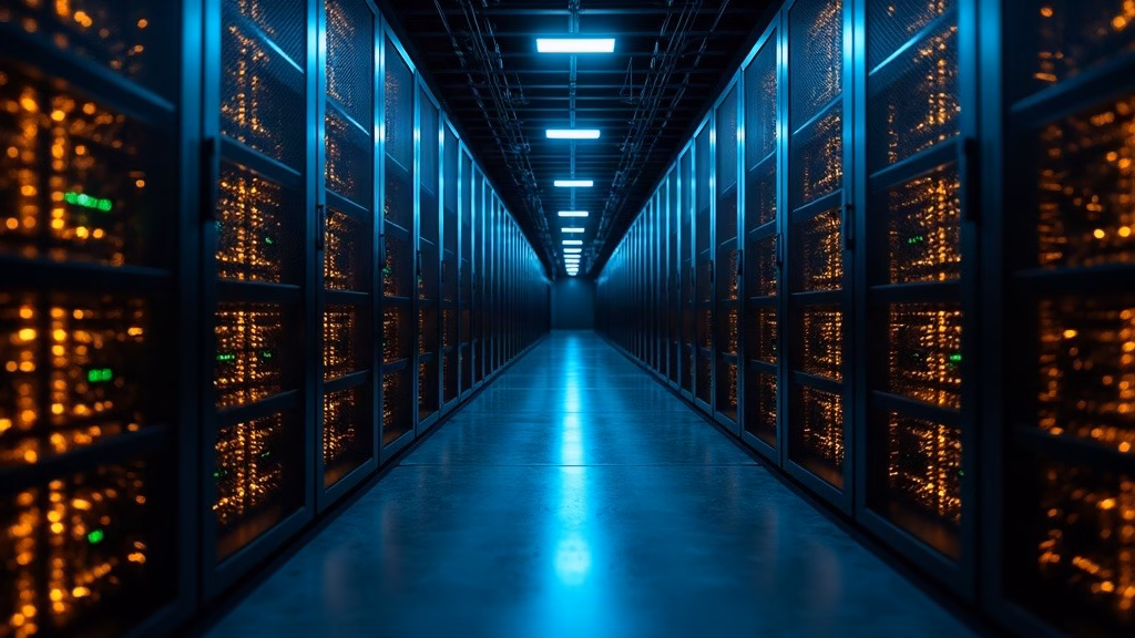AT&T stock analysis: long symmetrical corridor inside a hyperscale data center, tall dark racks of fiber optic patch…
