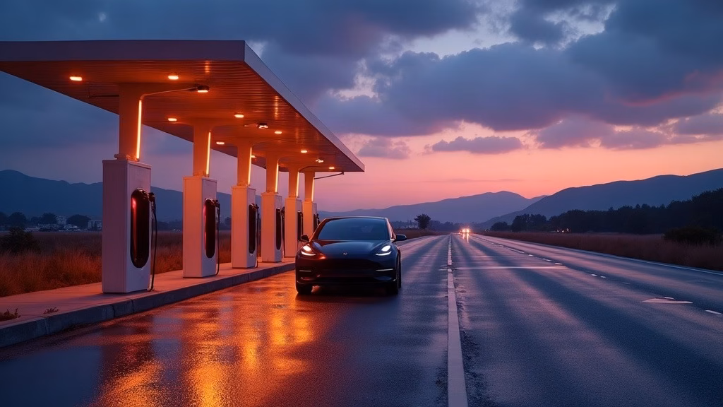 Tesla Stock Analysis 2026: a row of sleek high-speed charging stalls glows along a highway rest stop at dusk, wet asphalt…