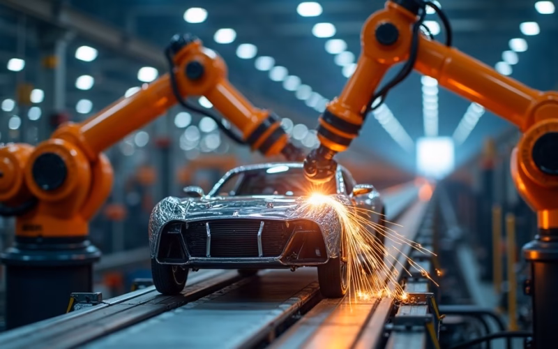 Tesla Stock Analysis 2026: inside a vast electric vehicle assembly plant, orange robotic arms weld a gleaming aluminum chassis…