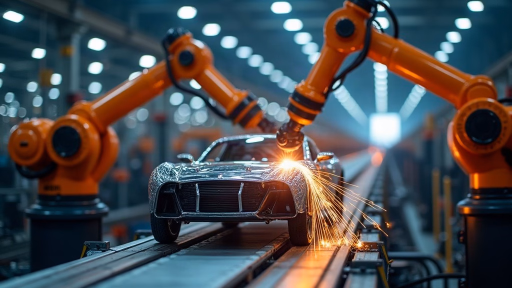 Tesla Stock Analysis 2026: inside a vast electric vehicle assembly plant, orange robotic arms weld a gleaming aluminum chassis…