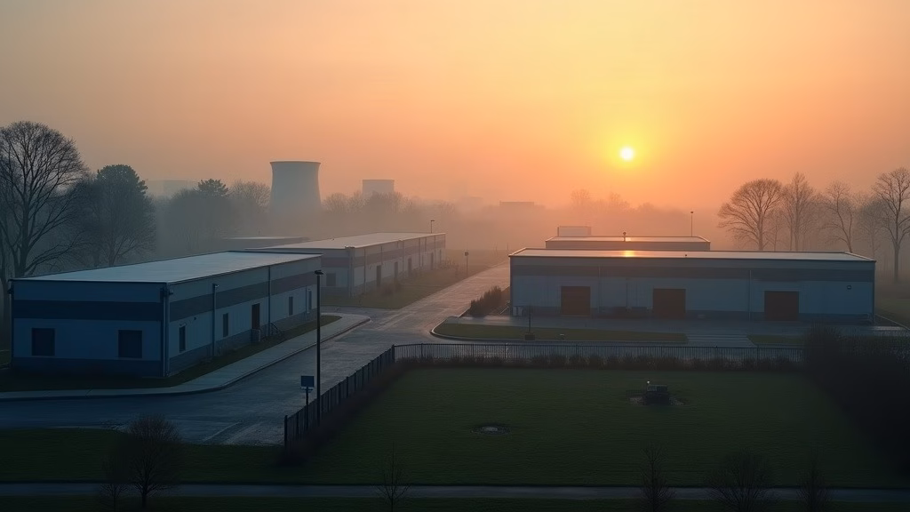 Visa stock: a secure payment processing campus in Ashburn, Virginia at dawn, low-slung windowless buildings…