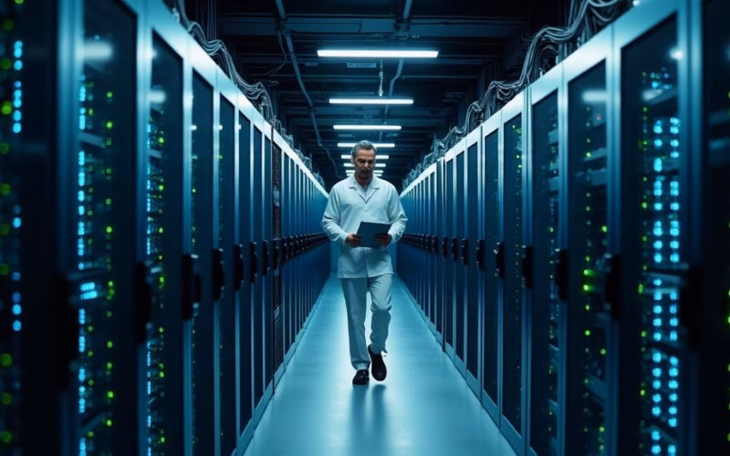 Visa stock: inside a secure payment network data center, endless rows of server racks glow with cool blue and…