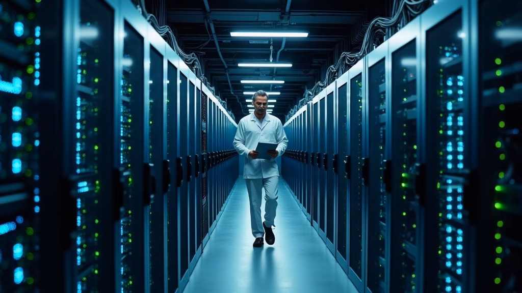 Visa stock: inside a secure payment network data center, endless rows of server racks glow with cool blue and…