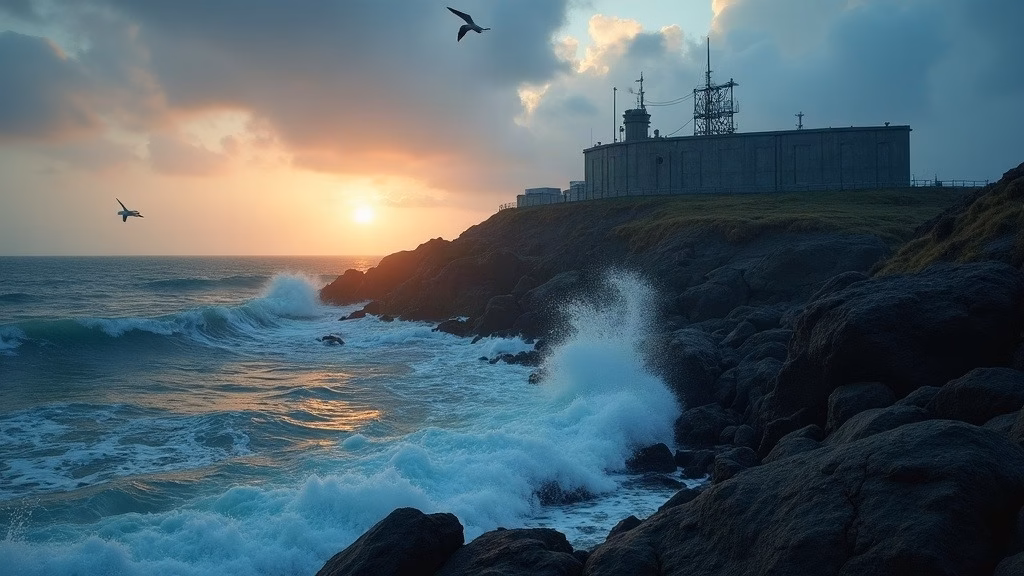 Visa stock: undersea fiber-optic cable landing station on a rocky North Atlantic coastline at dawn, armored…