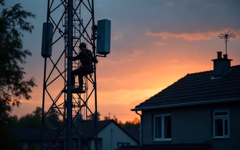Verizon stock: a tower crew technician in safety harness and hard hat climbs a tall steel lattice communications…