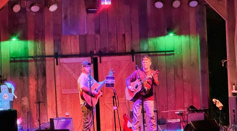 Relaxing mountain lodge with live acoustic music performance in a cozy wooden setting at Mountain Harbour.