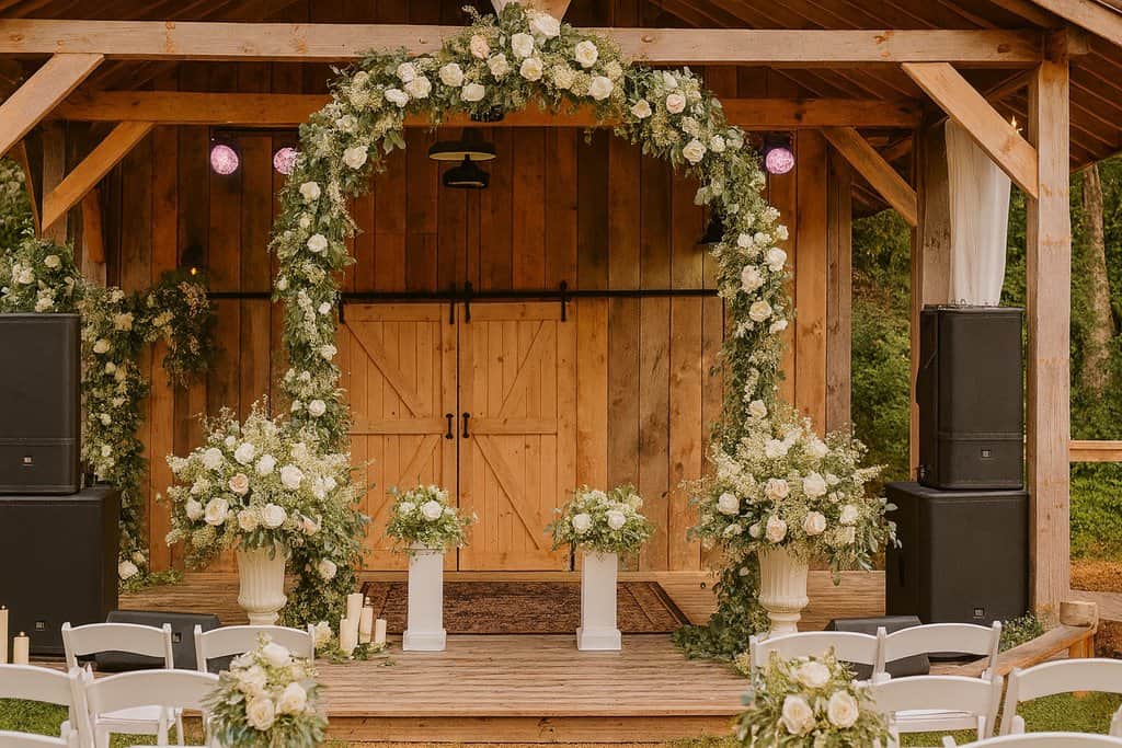 Elegant outdoor wedding ceremony setup at Mountain Harbour with floral arch and rustic wooden backdrop.