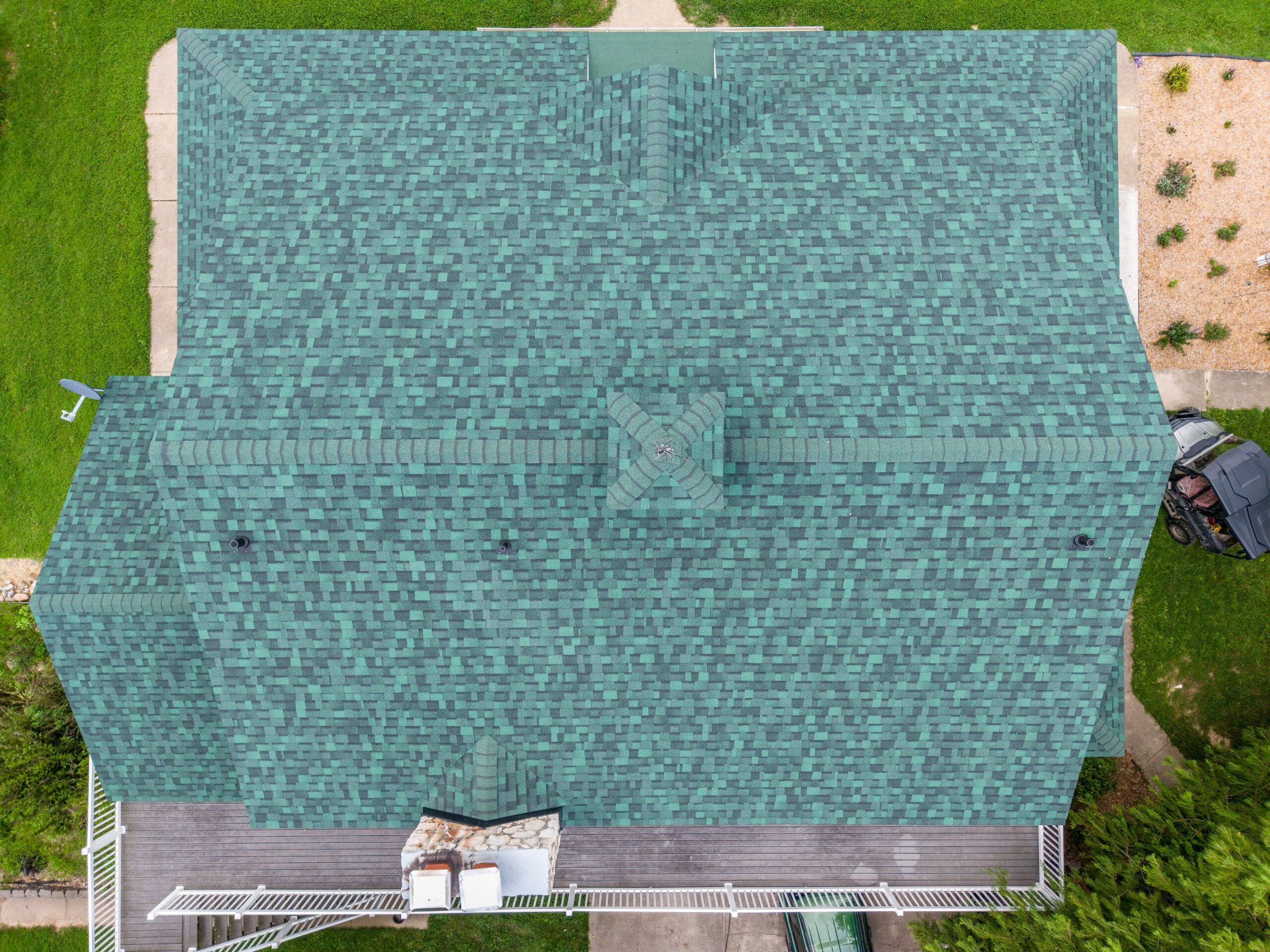 Aerial view of a new roofing installation in Dixon, Missouri.