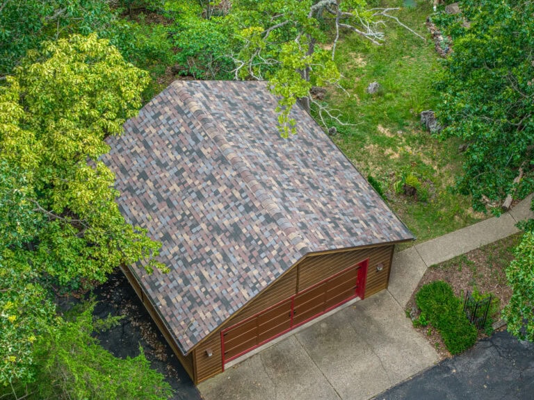 Aerial view of a residential roof replacement in Camdenton, Missouri.