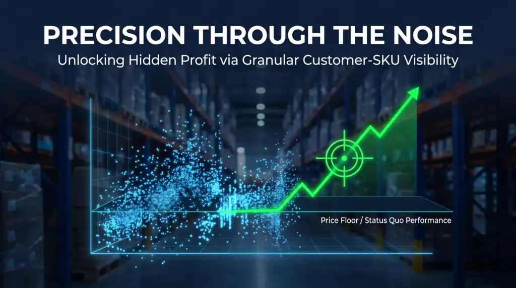 Digital analytics dashboard showing profit growth and customer SKU visibility.
