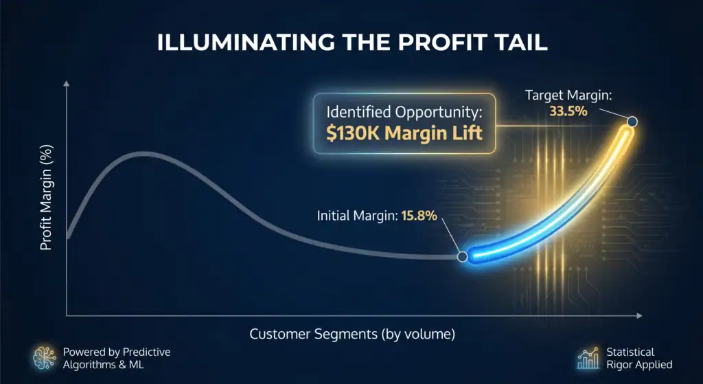 Graph showing $130K margin lift by optimizing customer segments and profit tail.