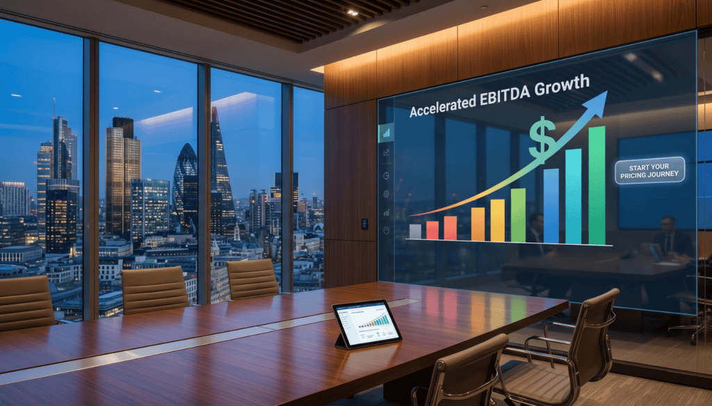 Business meeting room with analytics chart showing EBITDA growth.