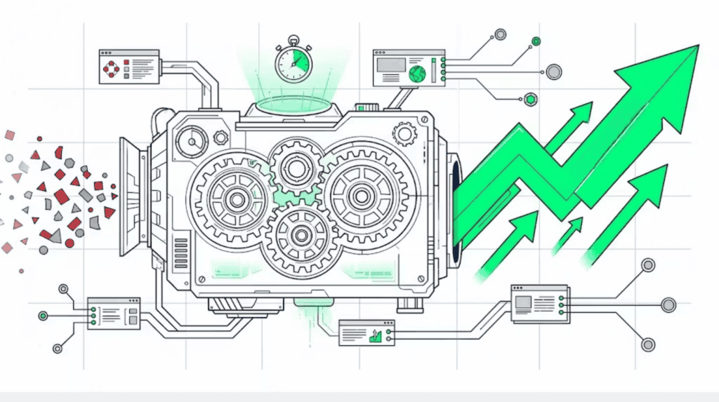 Digital analytics dashboard with gears and upward trending arrows for data growth.