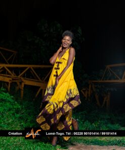 Robe ovale en tissu coton batik jaune et marron – Image 3