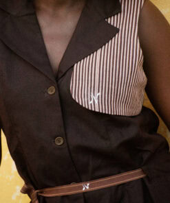 Ensemble tunique col ouvert, et pantalon en tissu lin mix pagne tissé