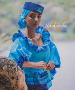 Ensemble tailleur jupe pagne tissé bleu – Image 3