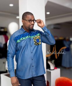 Chemise manches longues en tissu jean mix pagne baoulé , col classique