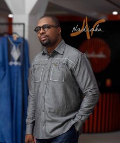 Chemise manches longues en tissu jean mix pagne baoulé , col classique