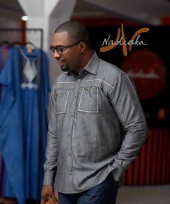 Chemise manches longues en tissu jean mix pagne baoulé , col classique