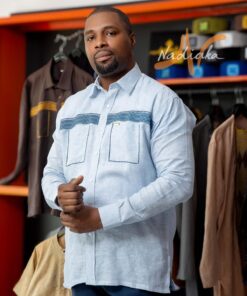 Chemise brodée en lin manches longues mix pagne tissé