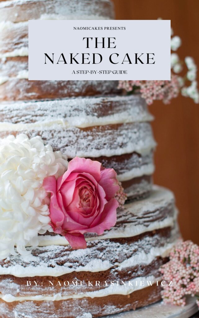 book cover for a naked cake wedding cake tutorial with pink and white flowers