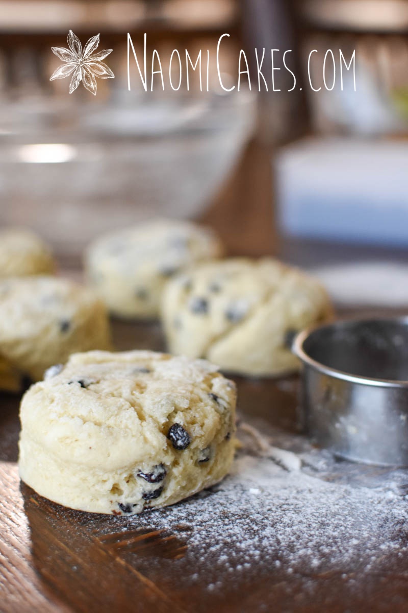 cut out raw currant scones with biscuit cutter and a glass bowl in the background