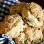 close up of round shaped currant scones