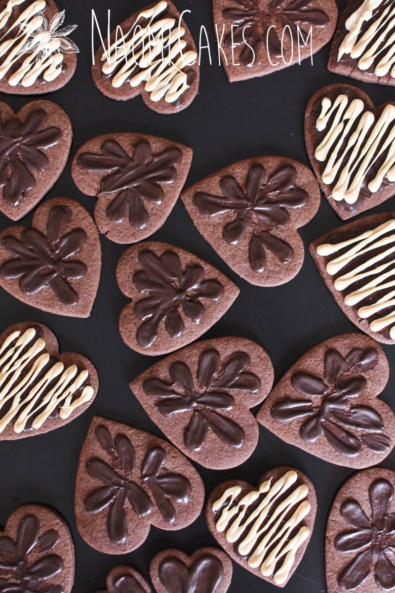 chocolate heart shaped sugar cookies with chocolate decoration