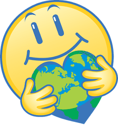 A smiling yellow emoji hugs a heart-shaped Earth, symbolizing love and care for the planet.