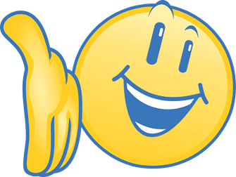 A yellow smiley face with big eyes is smiling widely and giving a friendly thumbs-up gesture with its left hand. The image has a cheerful, positive expression and a blue outline.