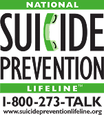 National Suicide Prevention Lifeline logo with the phone number 1-800-273-TALK and website suicidepreventionlifeline.org, encouraging people to seek help.