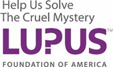 Text reads: Help Us Solve The Cruel Mystery LUPUS Foundation of America. The word LUPUS is in large purple letters, with the U stylized as a question mark.